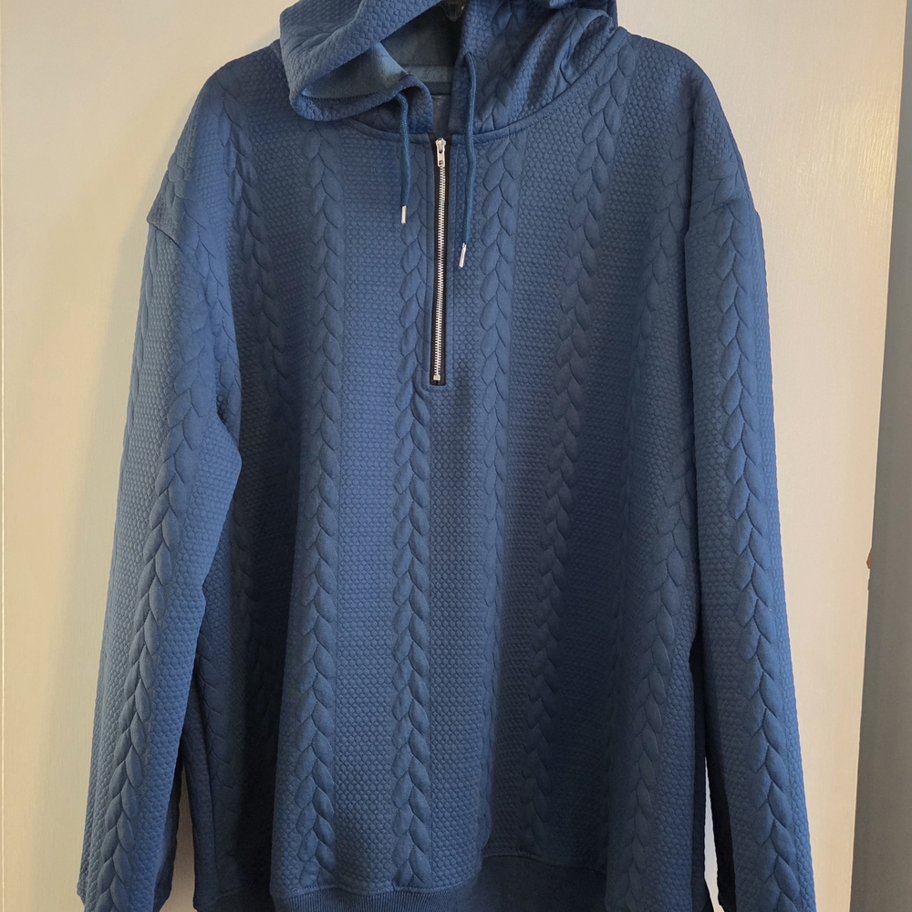 Men's Blue Textured Hoodie with Half-Zip